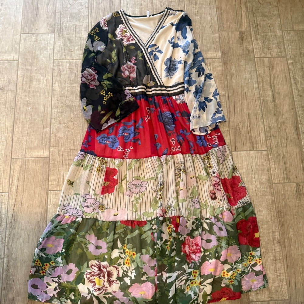 Kaktus Womens XL Mixed Floral Tier Maxi Dress V-Neck Long Sleeve Boho Patchwork
